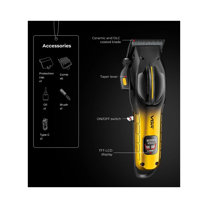 خرید ماشین اصلاح حجم زن VGR V-026 | تیغه سرامیک DLC | ۶ شانه | نمایشگر LED | شارژ طولانی