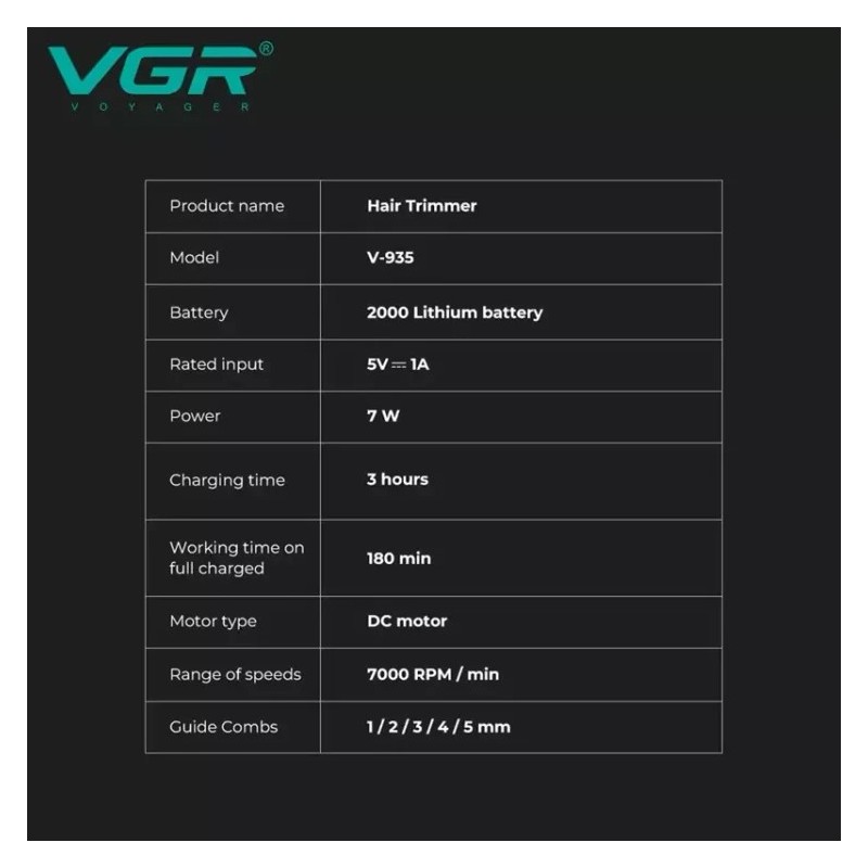 خرید ماشین اصلاح وی جی آر VGR V-935 | تیغه سرامیک و DLC + باتری 2000mAh (خرید با گارانتی)