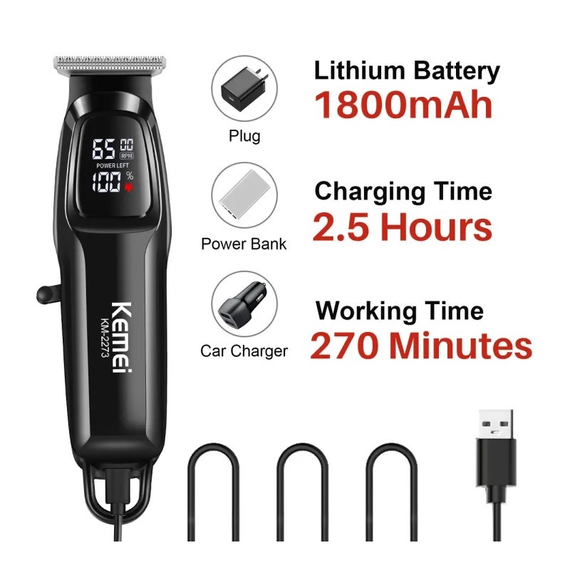 قیمت و خرید ماشین اصلاح حرفه ای کیمی مدل KM-2273 | باتری ۱۸۰۰mAh، موتور ۶۵۰۰ دور، شارژ سریع ۲.۵ ساعته و صفحه نمایش