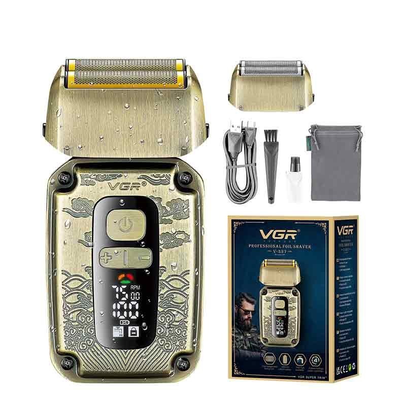 شیور ضد آب VGR V-337 | موتور هوشمند  تیغه تیتانیوم | خط‌زن پاپ‌آپ | شارژ USB-C | طراحی مسی لوکس. اصلاح ریش، بدن و خط‌زنی حرفه ای